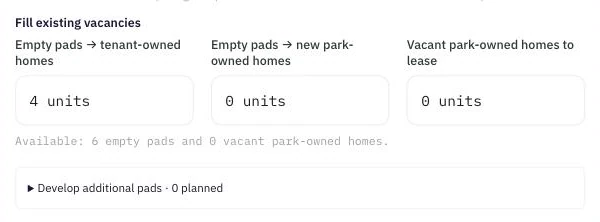 The Leasing & infill plan editor: the Fill existing vacancies row with counts for empty pads to tenant-owned homes, empty pads to new park-owned homes and vacant park-owned homes to lease, the available-inventory line beneath them, and the collapsed Develop additional pads section.
