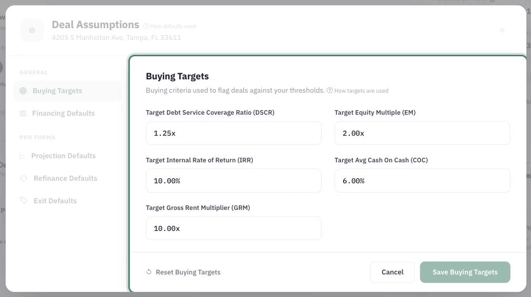 The Buying Targets panel inside the Deal Assumptions dialog, with threshold fields for target DSCR, equity multiple, internal rate of return, average cash on cash and gross rent multiplier, above Reset, Cancel and Save Buying Targets actions.