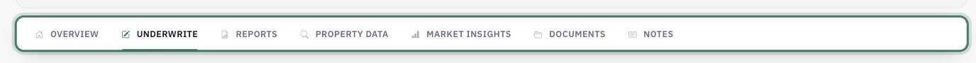 The seven tabs every deal opens with: Overview, Underwrite, Reports, Property Data, Market Insights, Documents and Notes, with Overview selected.