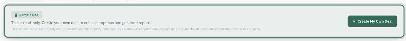 The read-only banner at the top of a sample deal, explaining that the analysis cannot be edited, with the Create My Own Deal button marked.