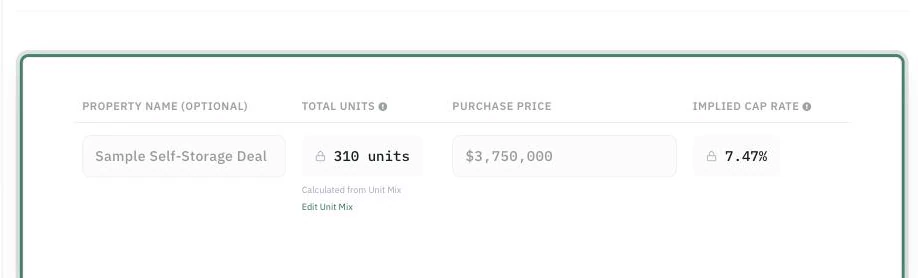 The Self-Storage deal setup row: Total Units reads "310 units" with a lock icon, captioned "Calculated from Unit Mix" above an Edit Unit Mix link, alongside the editable Property Name, Purchase Price and derived Implied Cap Rate fields.